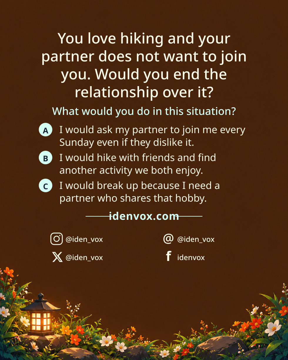You love hiking and your partner does not want to join you. Would you end the relationship over it?