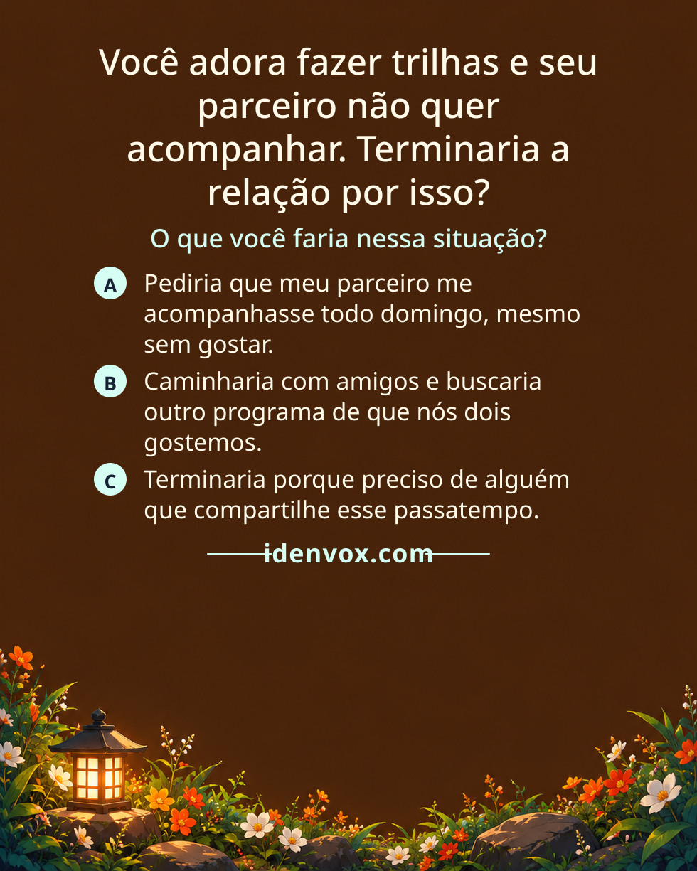 Você adora fazer trilhas e seu parceiro não quer acompanhar. Terminaria a relação por isso?