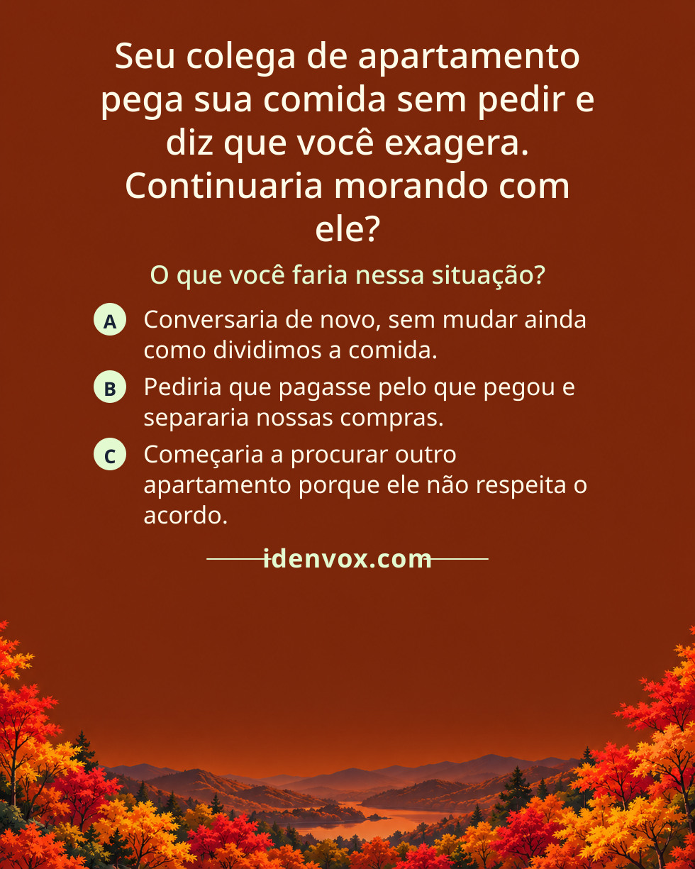Seu colega de apartamento pega sua comida sem pedir e diz que você exagera. Continuaria morando com ele?