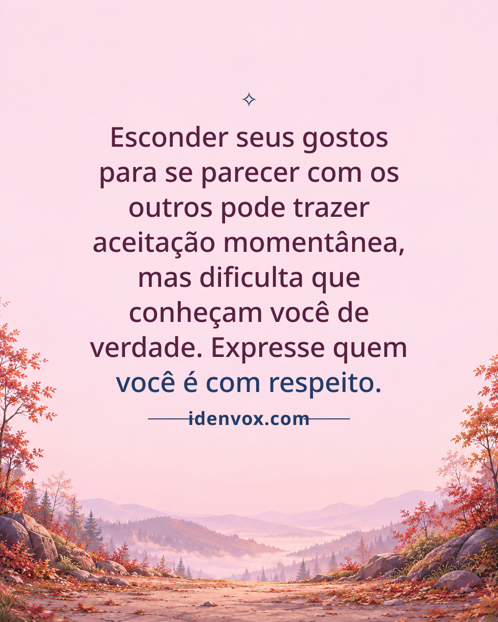 Esconder seus gostos para se parecer com os outros pode trazer aceitação momentânea, mas dificulta que conheçam você de verdade. Expresse quem você é com respeito.