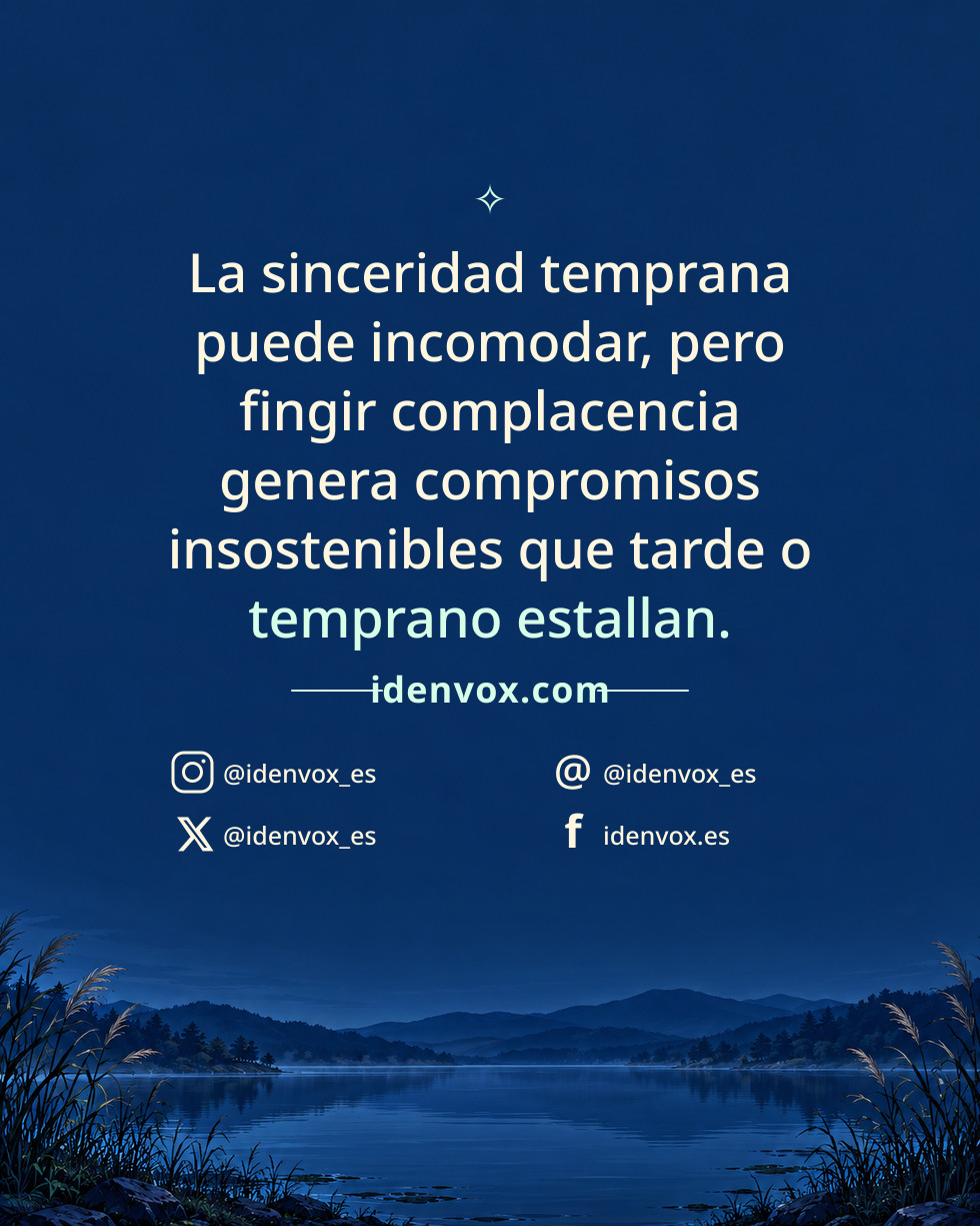 La sinceridad temprana puede incomodar, pero fingir complacencia genera compromisos insostenibles que tarde o temprano estallan.
