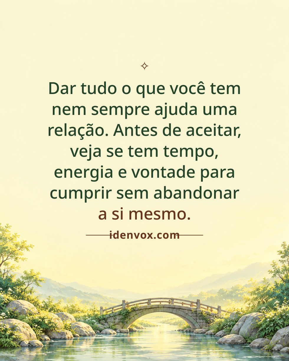 Dar tudo o que você tem nem sempre ajuda uma relação. Antes de aceitar, veja se tem tempo, energia e vontade para cumprir sem abandonar a si mesmo.