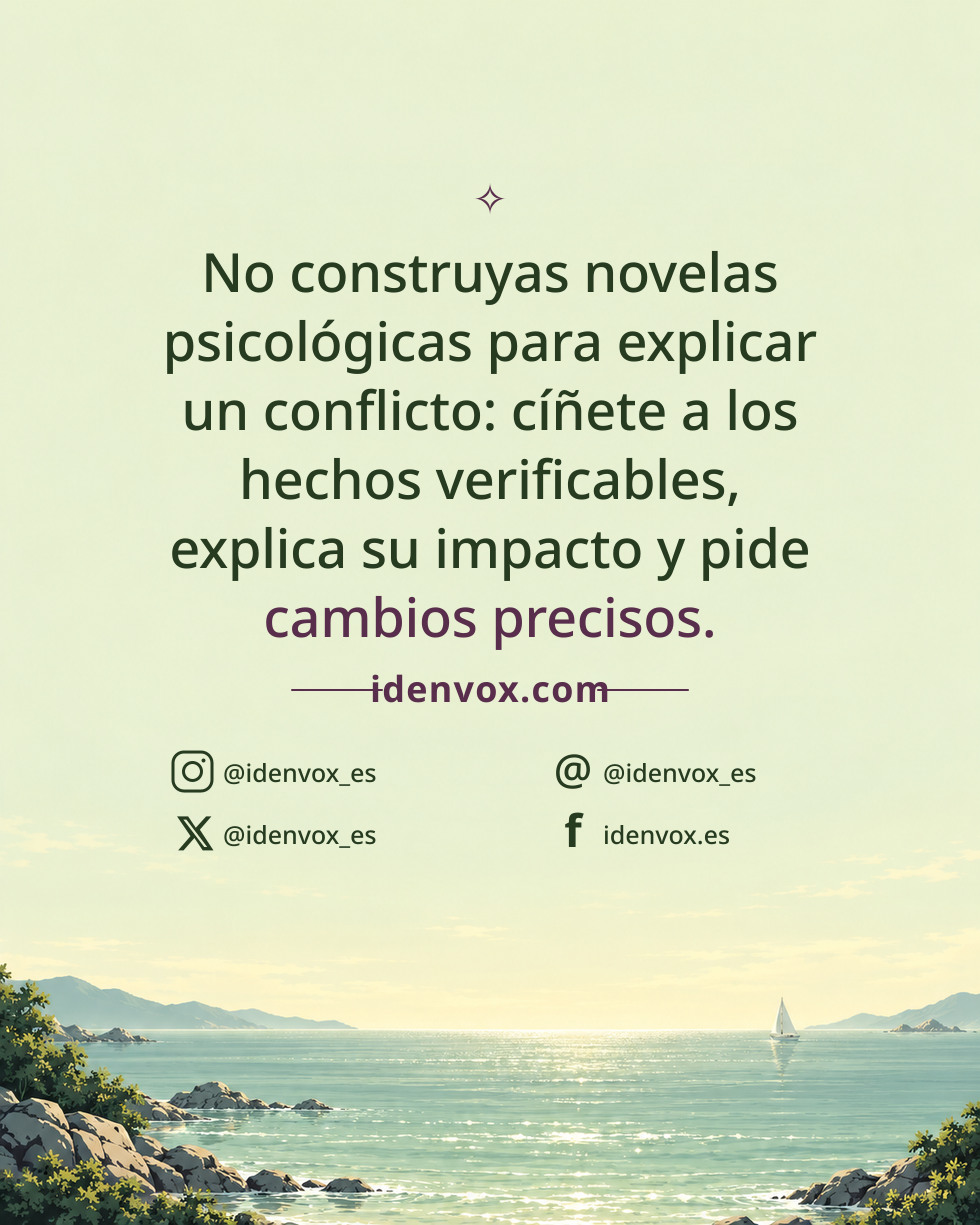 No construyas novelas psicológicas para explicar un conflicto: cíñete a los hechos verificables, explica su impacto y pide cambios precisos.