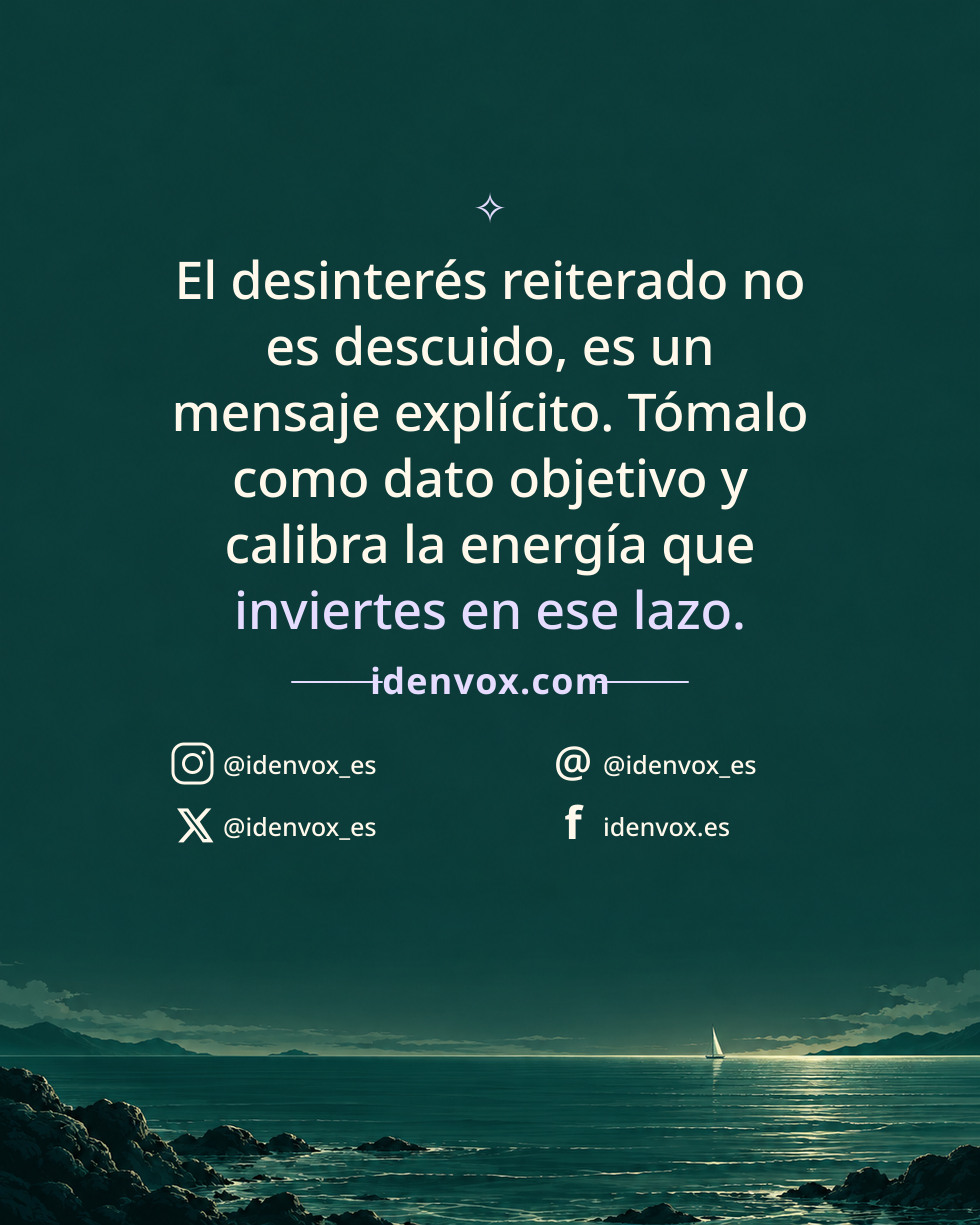 El desinterés reiterado no es descuido, es un mensaje explícito. Tómalo como dato objetivo y calibra la energía que inviertes en ese lazo.