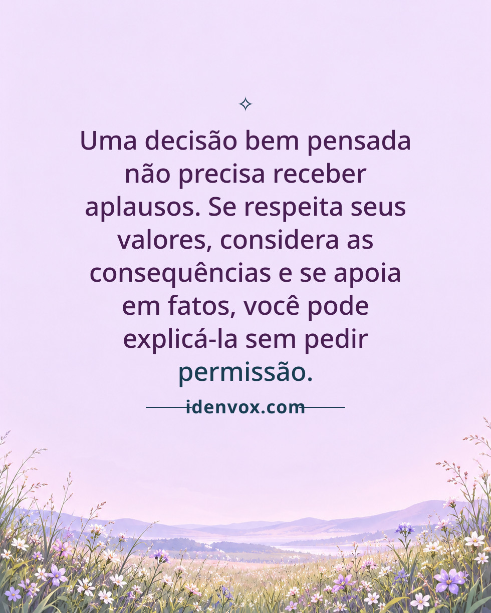 Uma decisão bem pensada não precisa receber aplausos. Se respeita seus valores, considera as consequências e se apoia em fatos, você pode explicá-la sem pedir permissão.