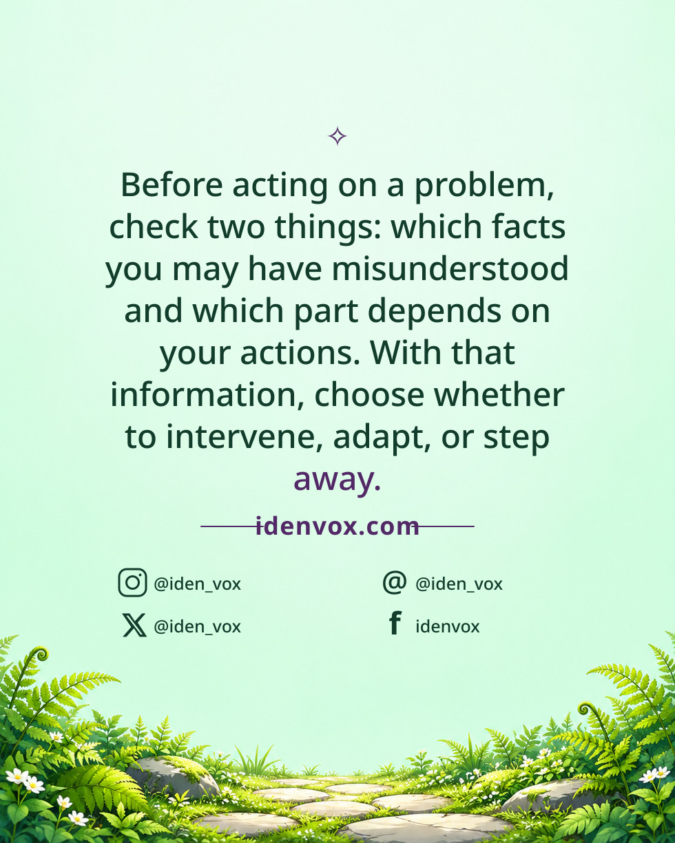 Before acting on a problem, check two things: which facts you may have misunderstood and which part depends on your actions. With that information, choose whether to intervene, adapt, or step away.