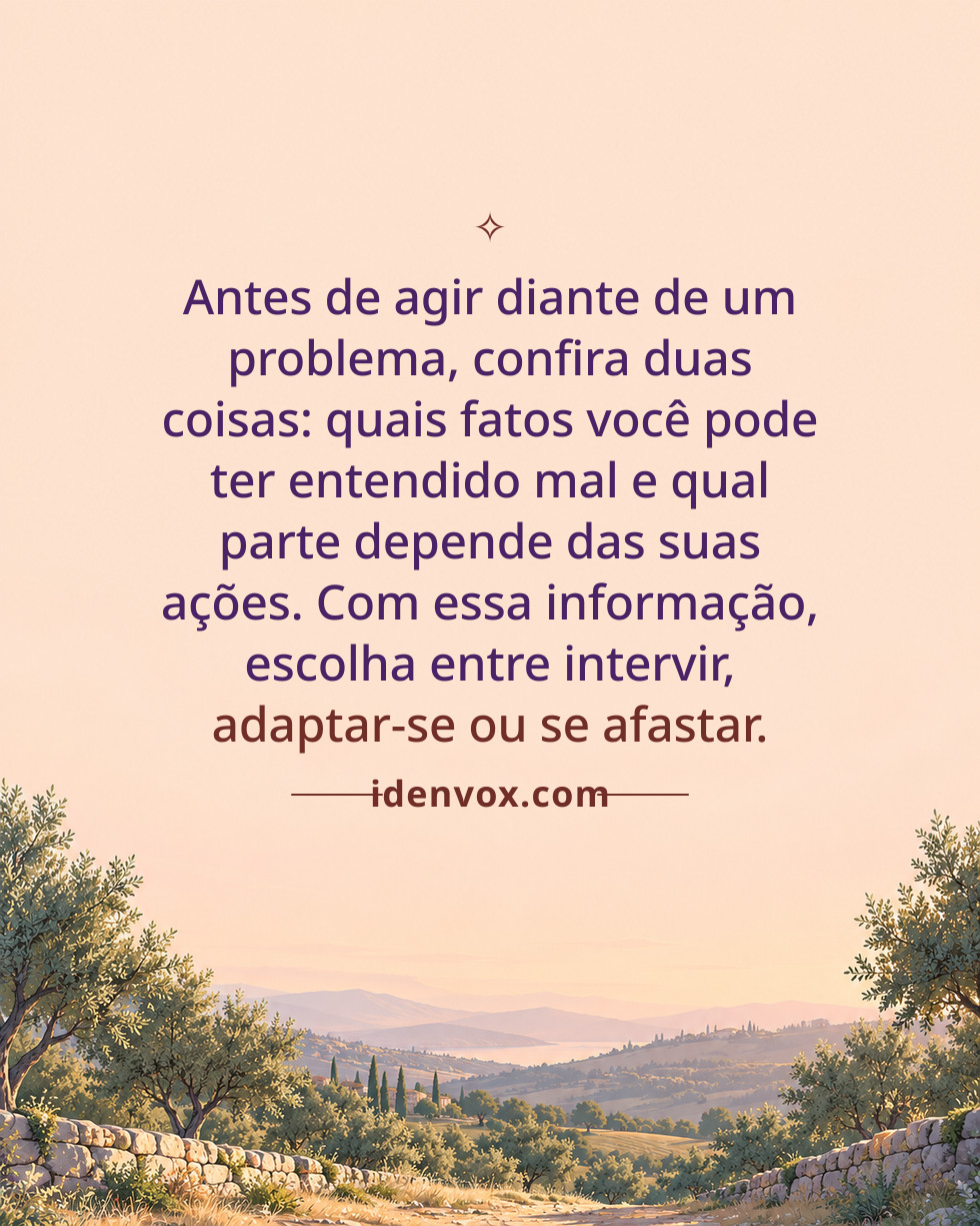 Antes de agir diante de um problema, confira duas coisas: quais fatos você pode ter entendido mal e qual parte depende das suas ações. Com essa informação, escolha entre intervir, adaptar-se ou se afastar.