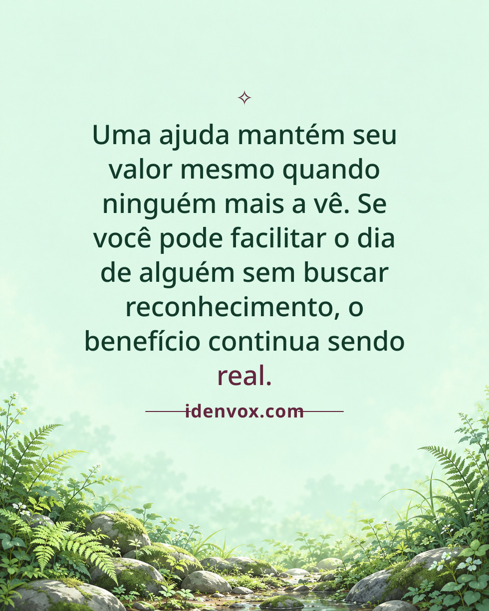 Uma ajuda mantém seu valor mesmo quando ninguém mais a vê. Se você pode facilitar o dia de alguém sem buscar reconhecimento, o benefício continua sendo real.