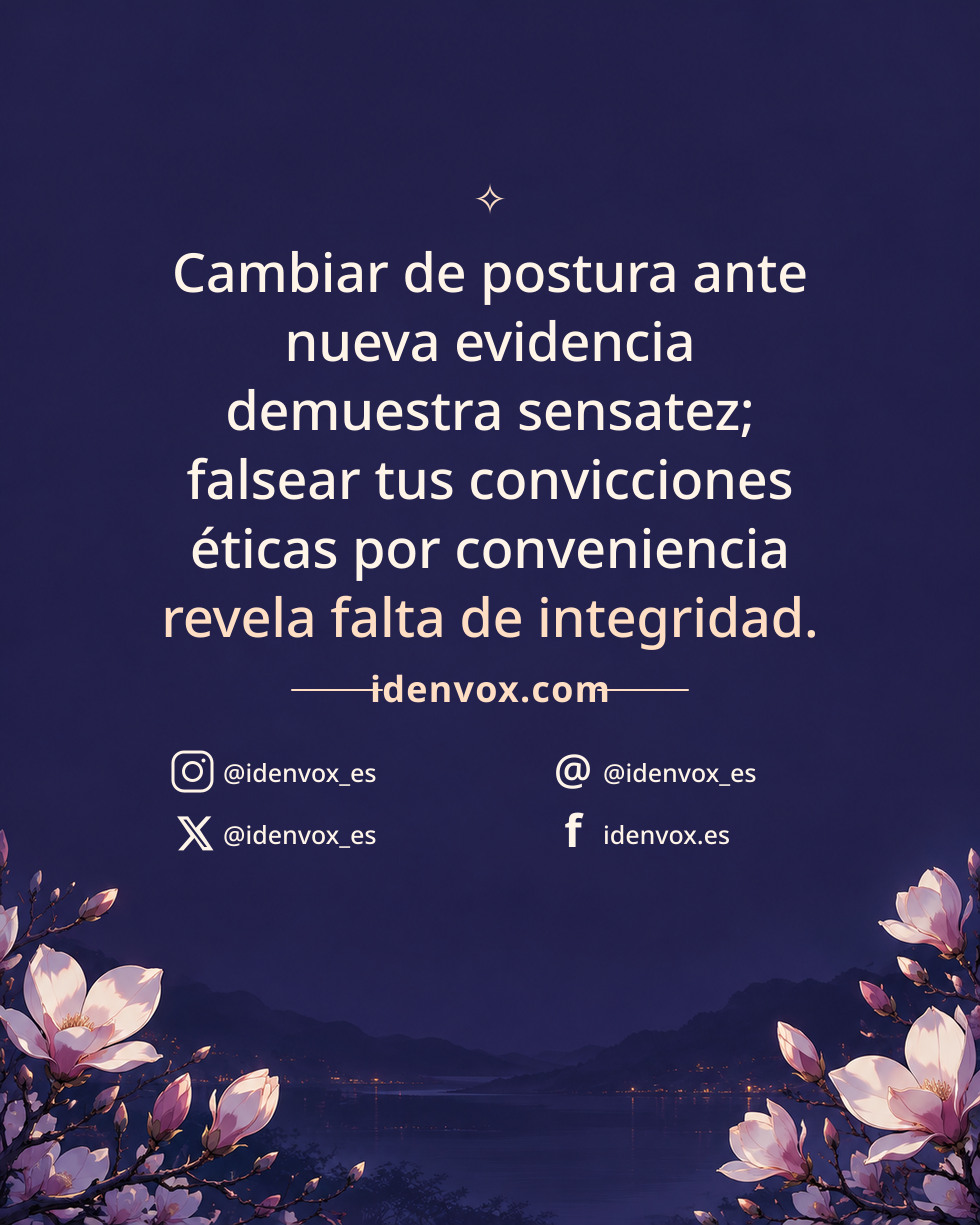 Cambiar de postura ante nueva evidencia demuestra sensatez; falsear tus convicciones éticas por conveniencia revela falta de integridad.
