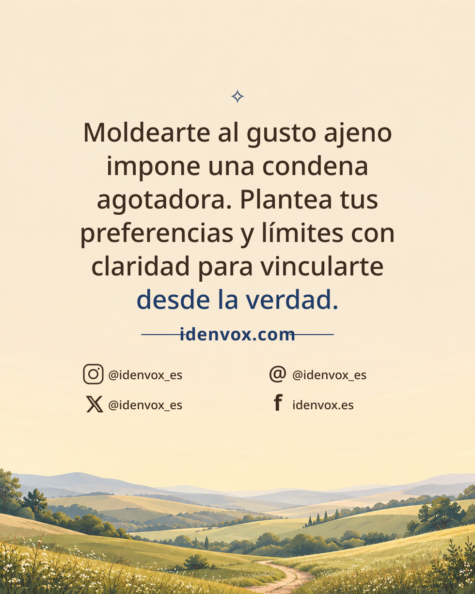 Moldearte al gusto ajeno impone una condena agotadora. Plantea tus preferencias y límites con claridad para vincularte desde la verdad.