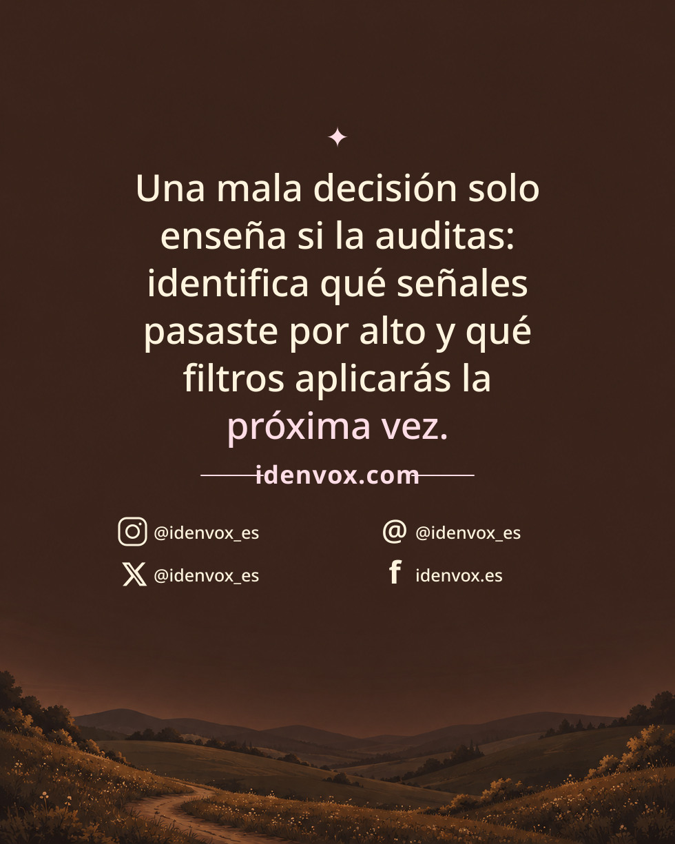 Una mala decisión solo enseña si la auditas: identifica qué señales pasaste por alto y qué filtros aplicarás la próxima vez.