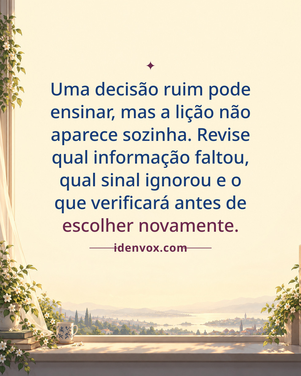 Uma decisão ruim pode ensinar, mas a lição não aparece sozinha. Revise qual informação faltou, qual sinal ignorou e o que verificará antes de escolher novamente.