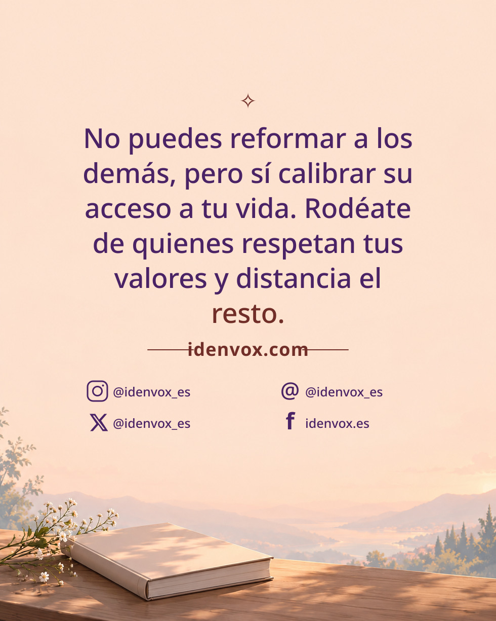 No puedes reformar a los demás, pero sí calibrar su acceso a tu vida. Rodéate de quienes respetan tus valores y distancia el resto.