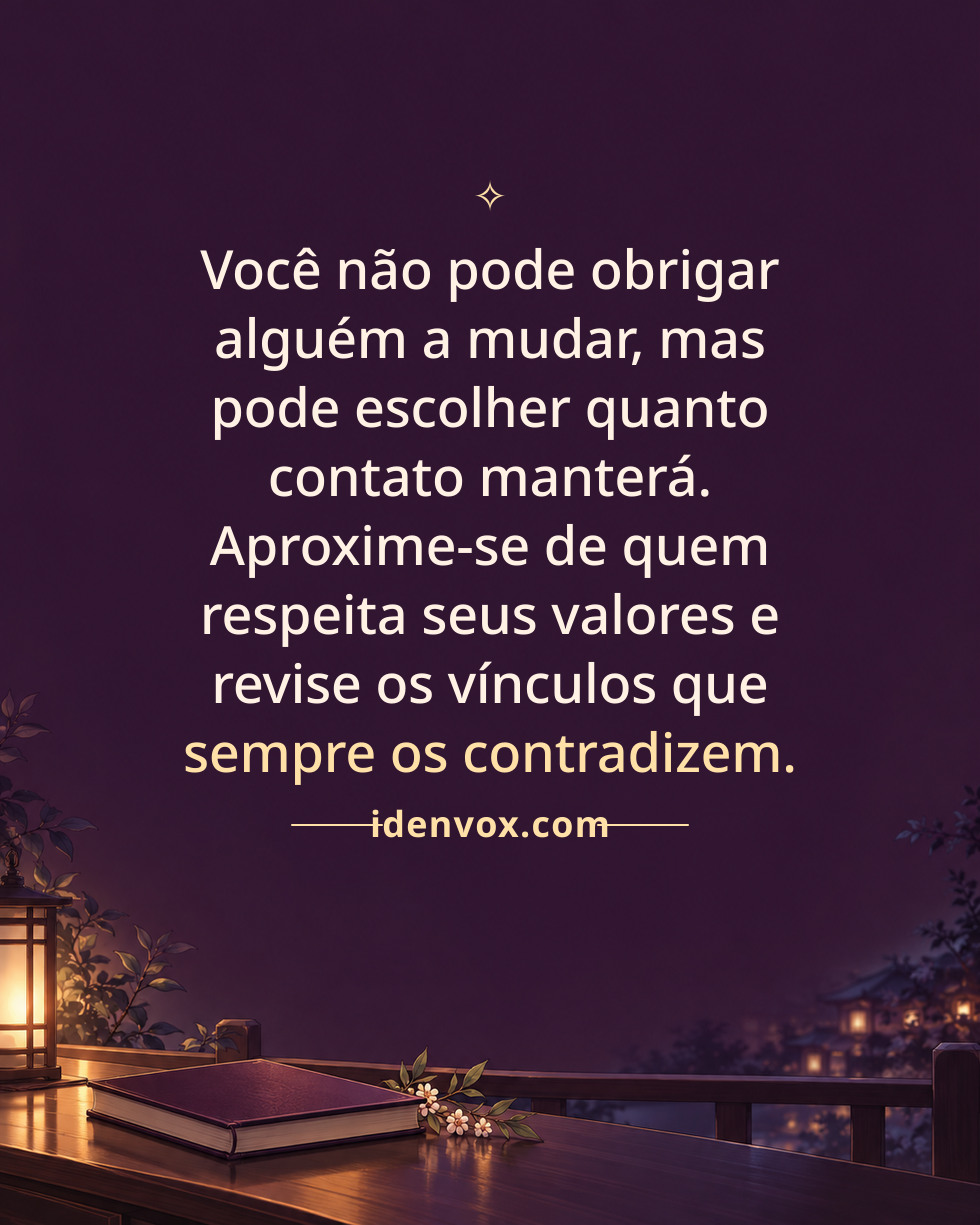 Você não pode obrigar alguém a mudar, mas pode escolher quanto contato manterá. Aproxime-se de quem respeita seus valores e revise os vínculos que sempre os contradizem.