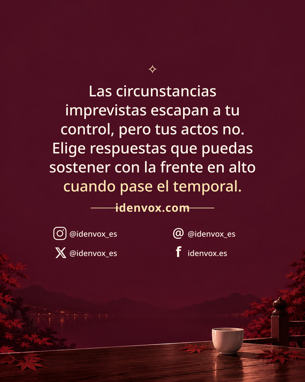Las circunstancias imprevistas escapan a tu control, pero tus actos no. Elige respuestas que puedas sostener con la frente en alto cuando pase el temporal.