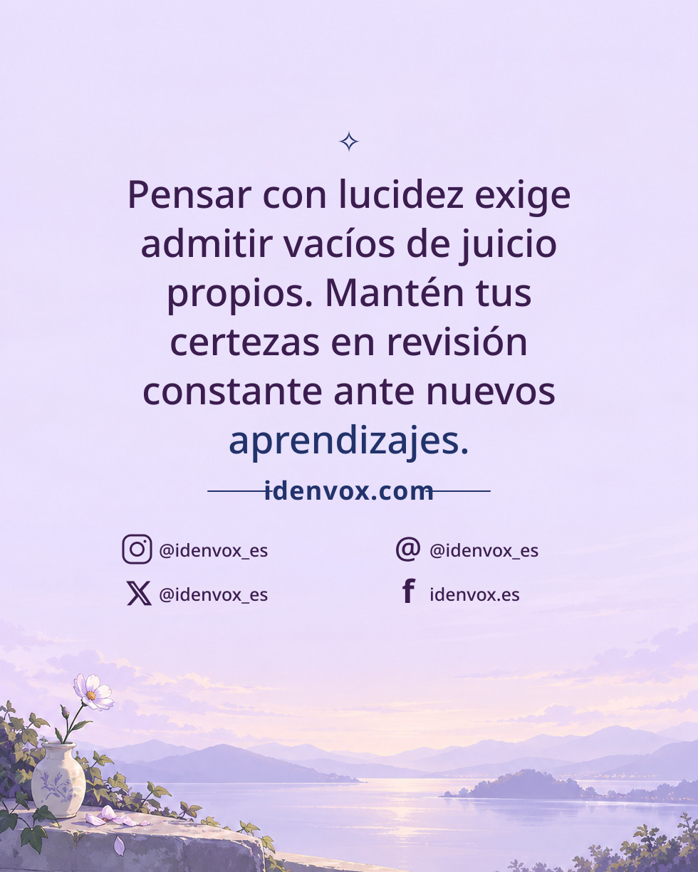 Pensar con lucidez exige admitir vacíos de juicio propios. Mantén tus certezas en revisión constante ante nuevos aprendizajes.