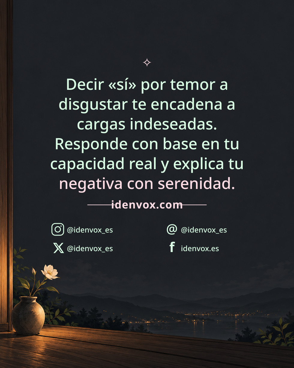 Decir «sí» por temor a disgustar te encadena a cargas indeseadas. Responde con base en tu capacidad real y explica tu negativa con serenidad.