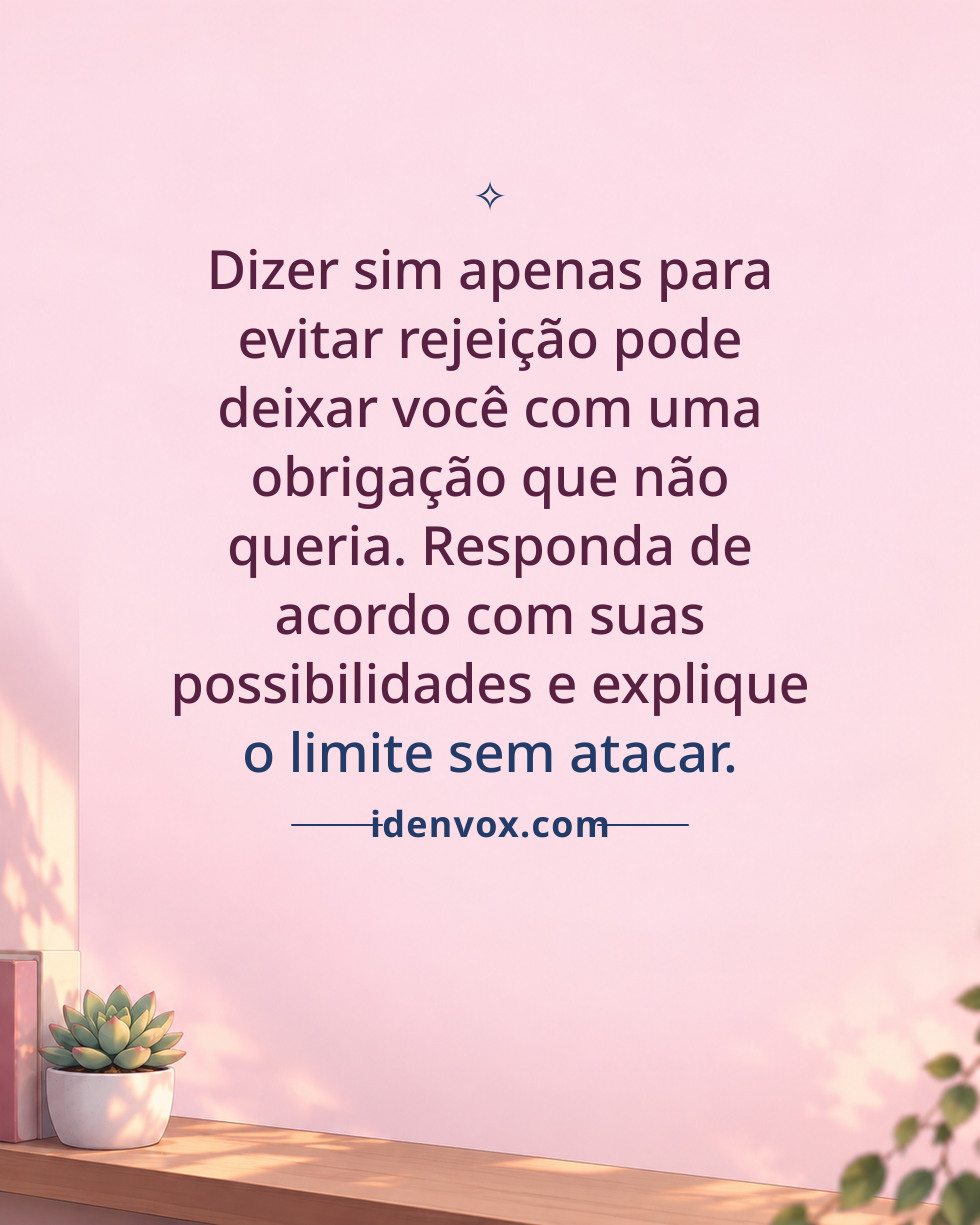 Dizer sim apenas para evitar rejeição pode deixar você com uma obrigação que não queria. Responda de acordo com suas possibilidades e explique o limite sem atacar.