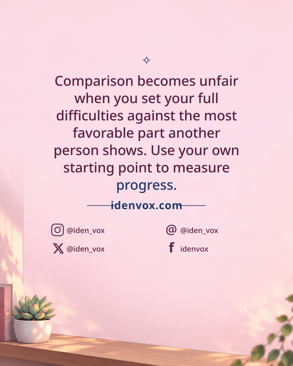 Comparison becomes unfair when you set your full difficulties against the most favorable part another person shows. Use your own starting point to measure progress.