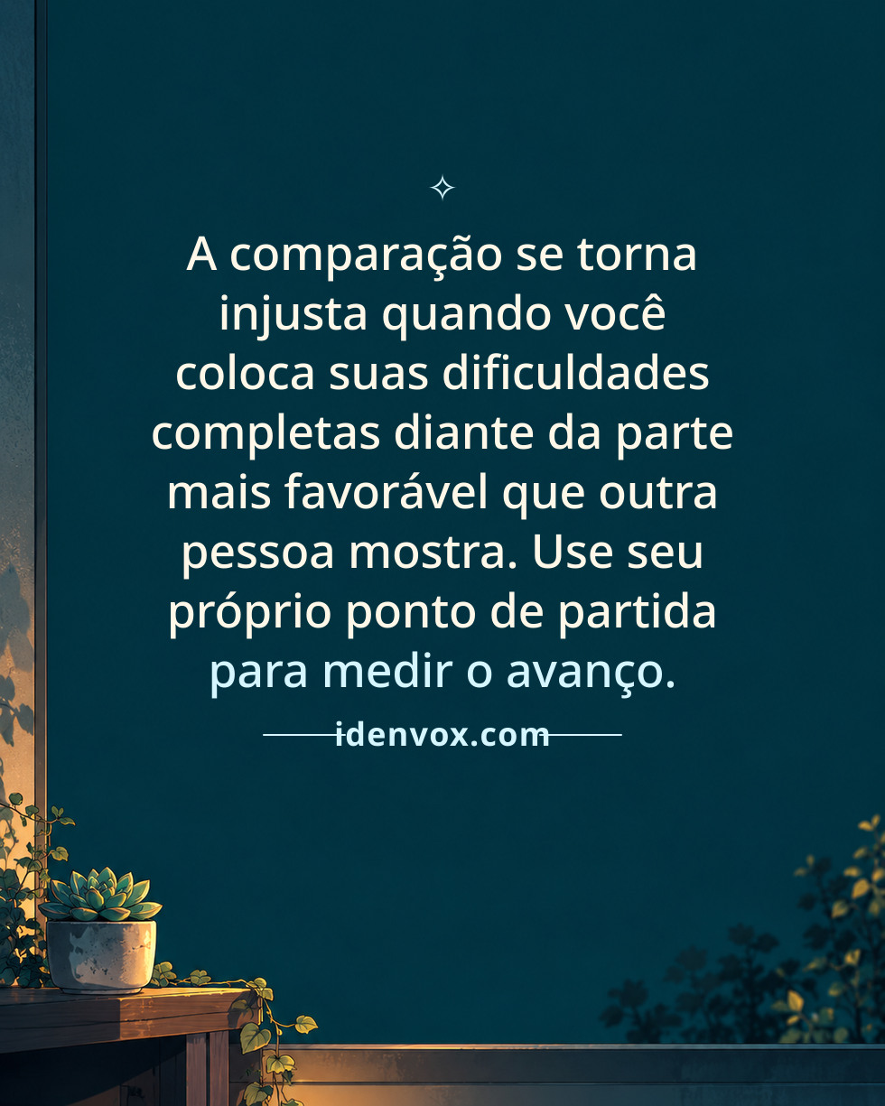 A comparação se torna injusta quando você coloca suas dificuldades completas diante da parte mais favorável que outra pessoa mostra. Use seu próprio ponto de partida para medir o avanço.