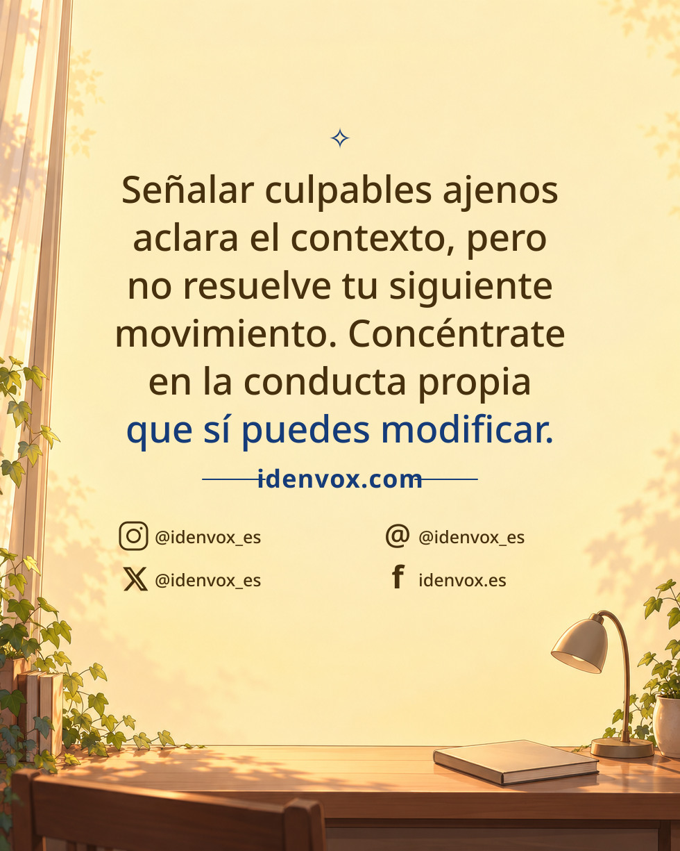 Señalar culpables ajenos aclara el contexto, pero no resuelve tu siguiente movimiento. Concéntrate en la conducta propia que sí puedes modificar.