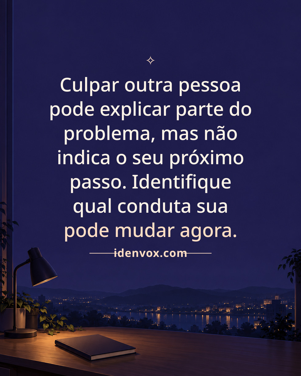 Culpar outra pessoa pode explicar parte do problema, mas não indica o seu próximo passo. Identifique qual conduta sua pode mudar agora.