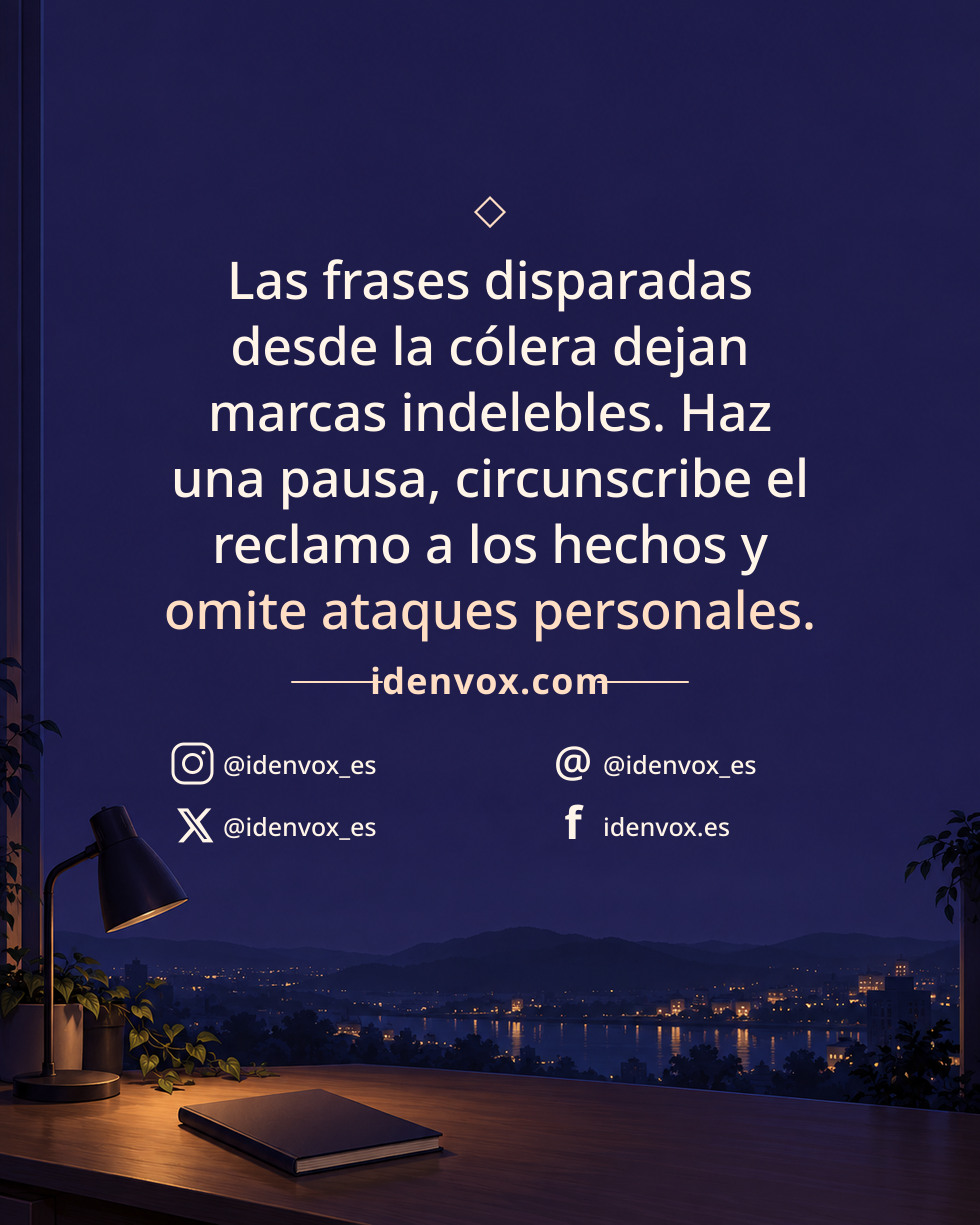 Las frases disparadas desde la cólera dejan marcas indelebles. Haz una pausa, circunscribe el reclamo a los hechos y omite ataques personales.