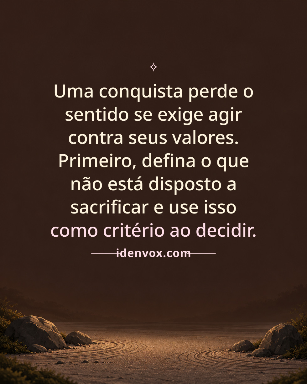 Uma conquista perde o sentido se exige agir contra seus valores. Primeiro, defina o que não está disposto a sacrificar e use isso como critério ao decidir.