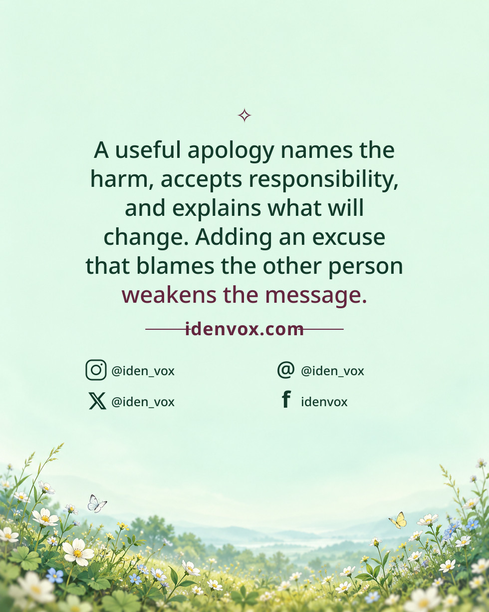 A useful apology names the harm, accepts responsibility, and explains what will change. Adding an excuse that blames the other person weakens the message.