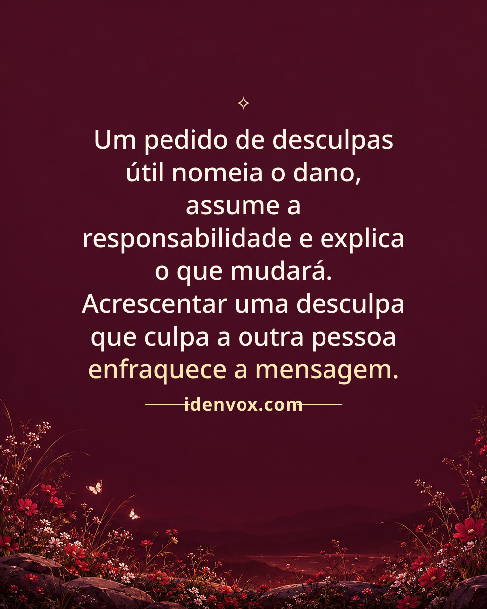 Um pedido de desculpas útil nomeia o dano, assume a responsabilidade e explica o que mudará. Acrescentar uma desculpa que culpa a outra pessoa enfraquece a mensagem.