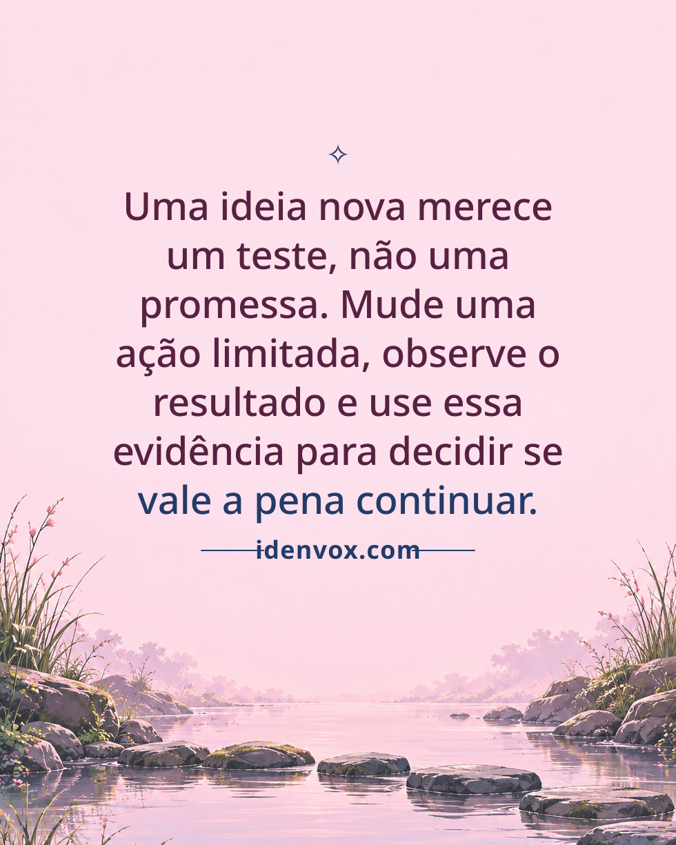 Uma ideia nova merece um teste, não uma promessa. Mude uma ação limitada, observe o resultado e use essa evidência para decidir se vale a pena continuar.