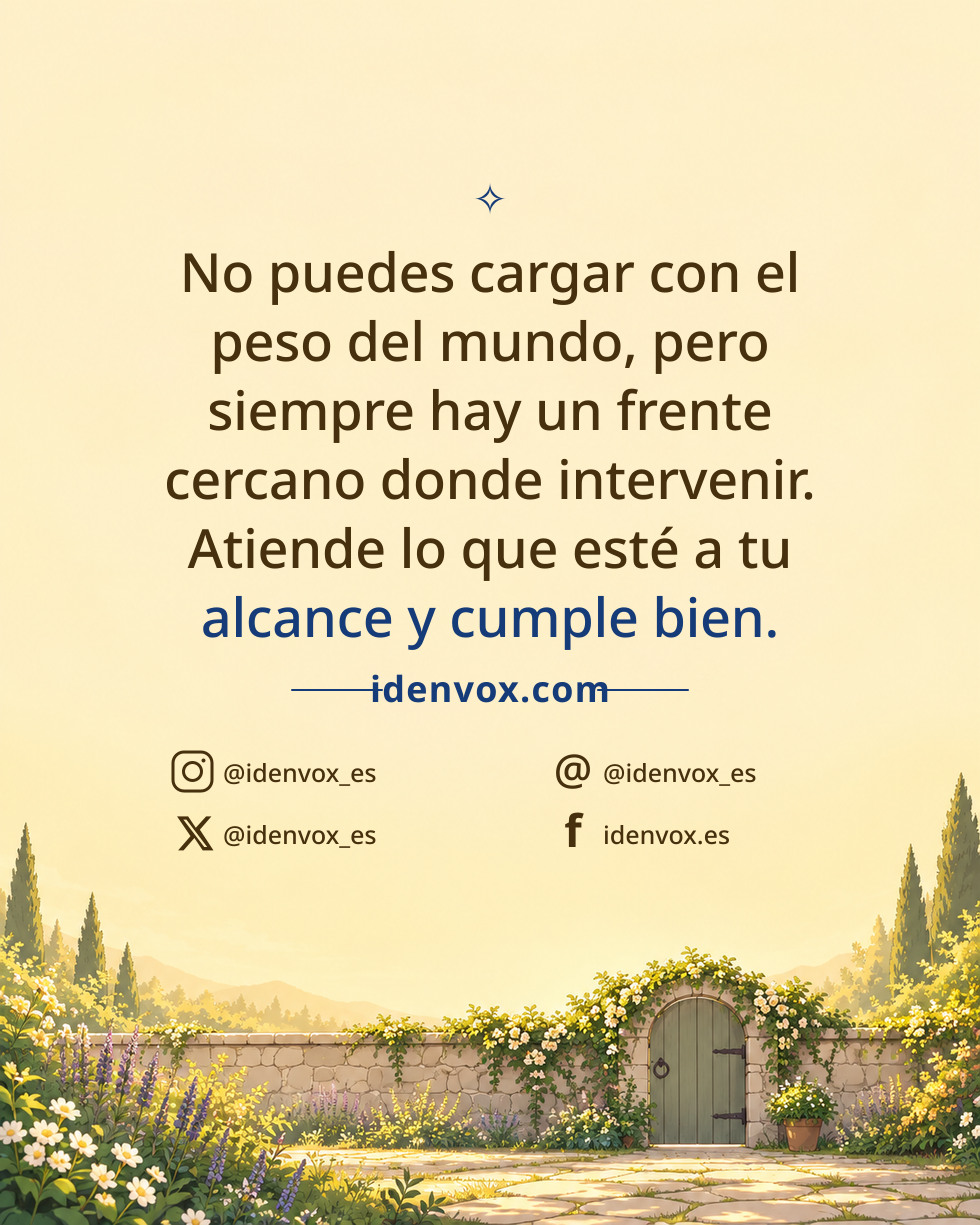 No puedes cargar con el peso del mundo, pero siempre hay un frente cercano donde intervenir. Atiende lo que esté a tu alcance y cumple bien.