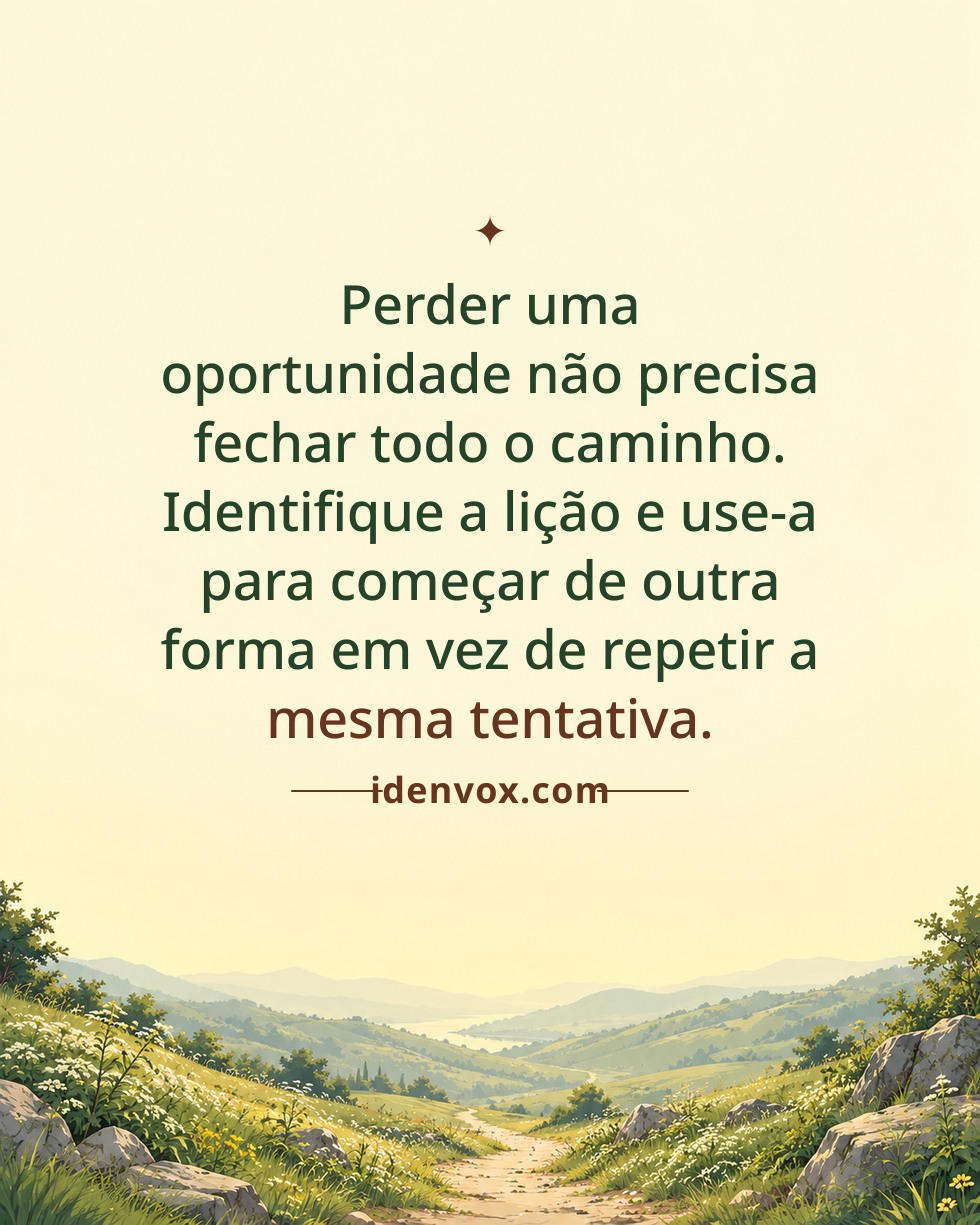 Perder uma oportunidade não precisa fechar todo o caminho. Identifique a lição e use-a para começar de outra forma em vez de repetir a mesma tentativa.