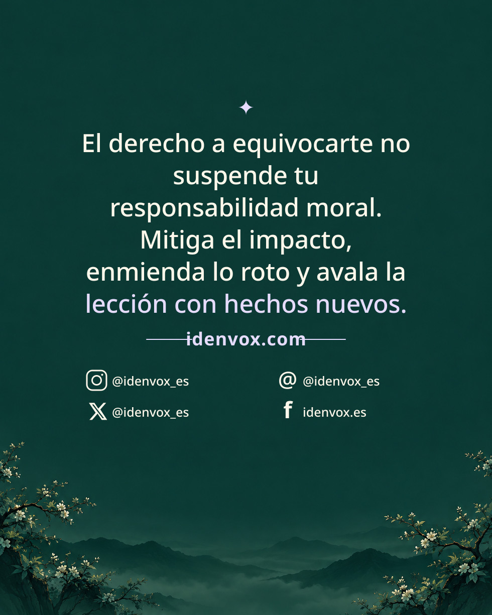 El derecho a equivocarte no suspende tu responsabilidad moral. Mitiga el impacto, enmienda lo roto y avala la lección con hechos nuevos.