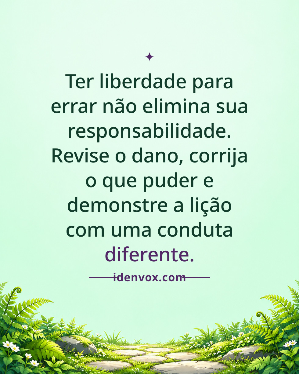 Ter liberdade para errar não elimina sua responsabilidade. Revise o dano, corrija o que puder e demonstre a lição com uma conduta diferente.