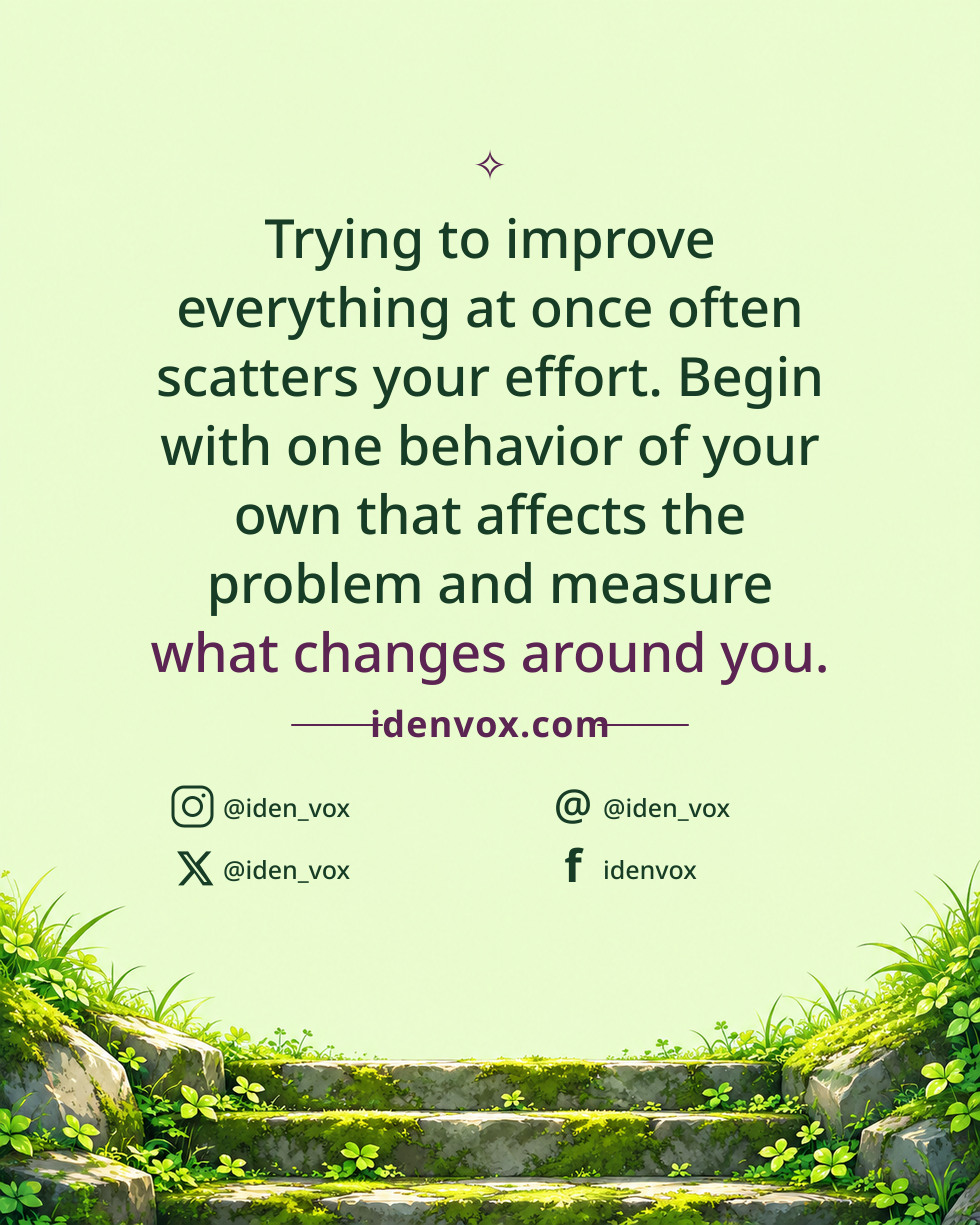 Trying to improve everything at once often scatters your effort. Begin with one behavior of your own that affects the problem and measure what changes around you.