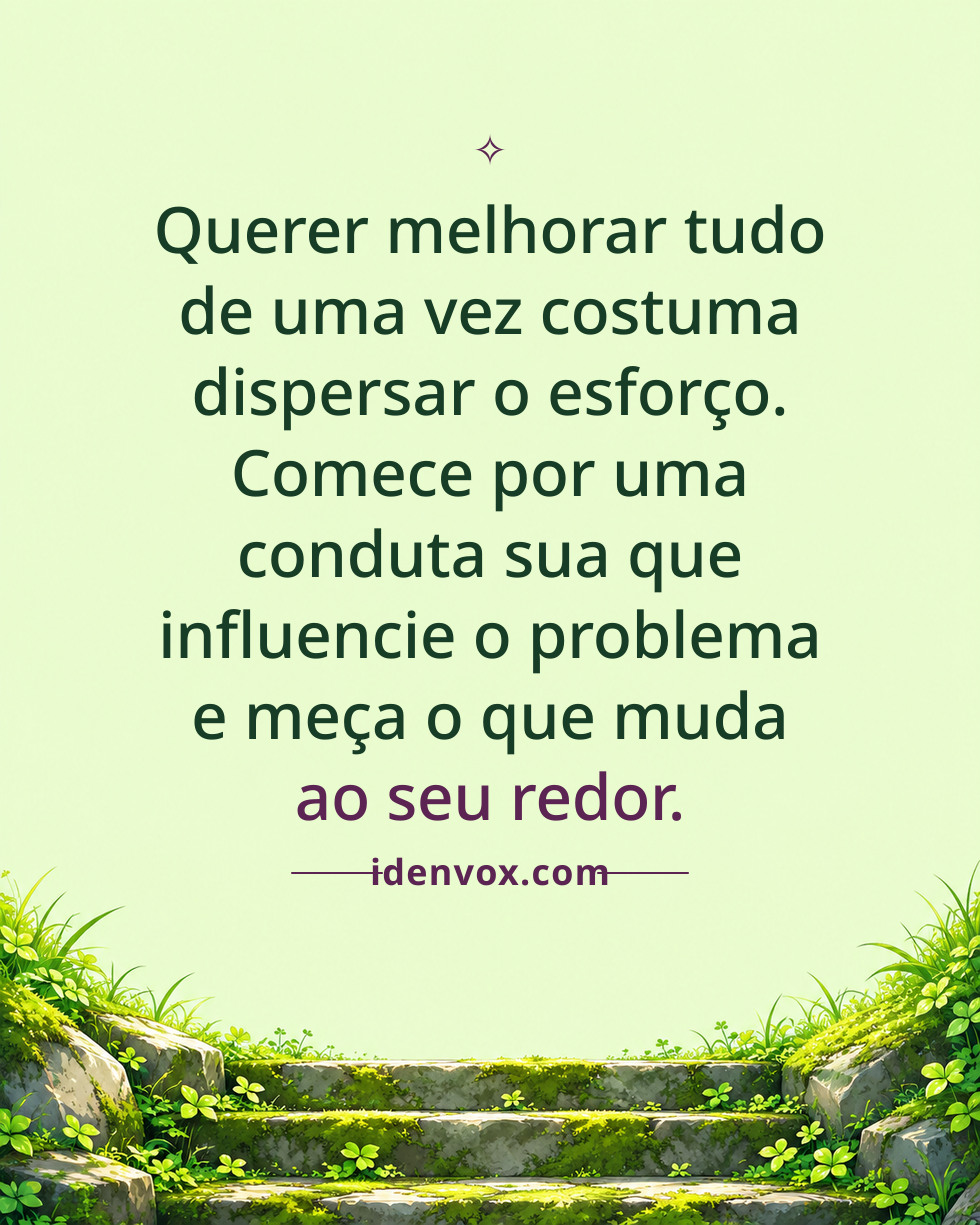 Querer melhorar tudo de uma vez costuma dispersar o esforço. Comece por uma conduta sua que influencie o problema e meça o que muda ao seu redor.