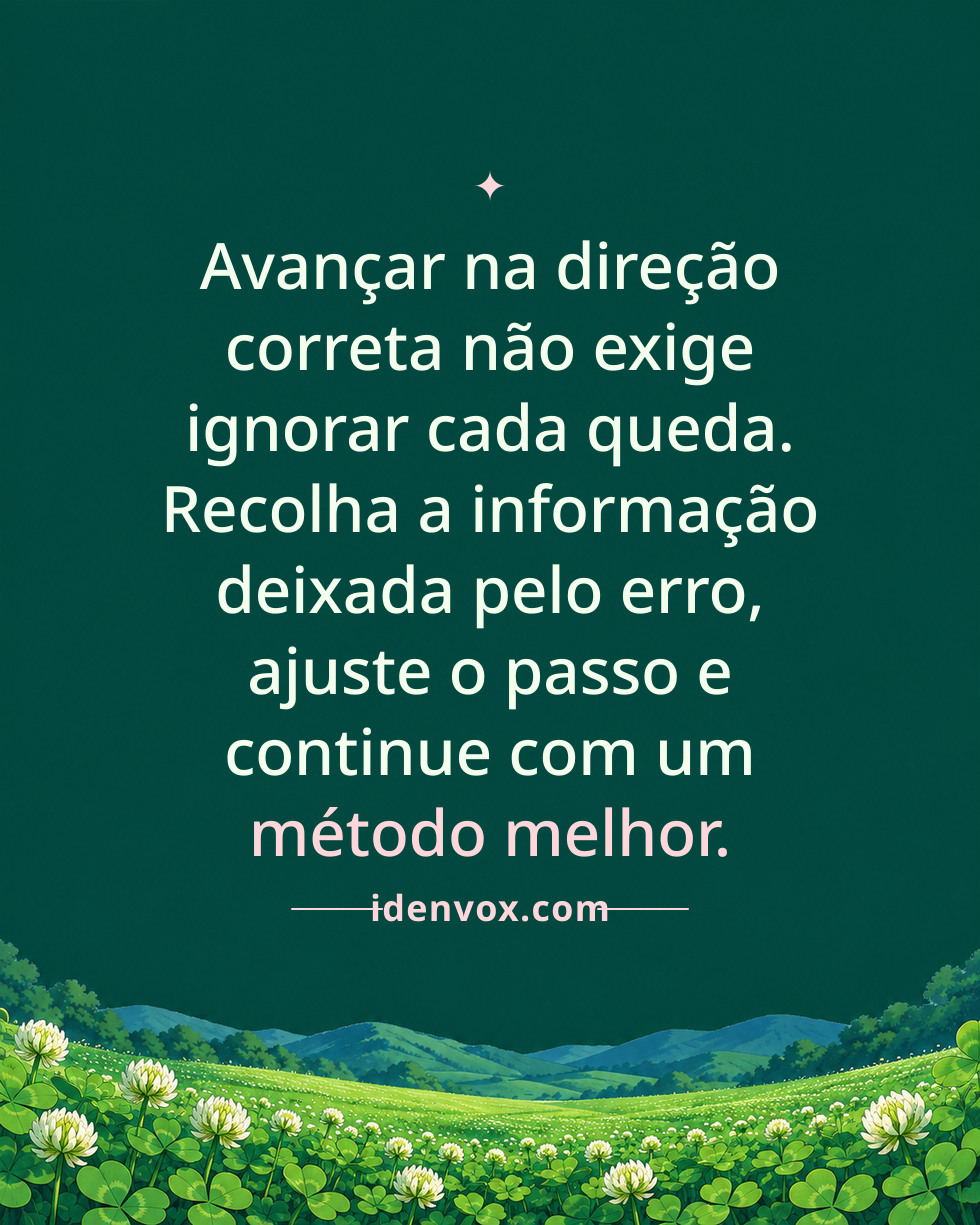 Avançar na direção correta não exige ignorar cada queda. Recolha a informação deixada pelo erro, ajuste o passo e continue com um método melhor.