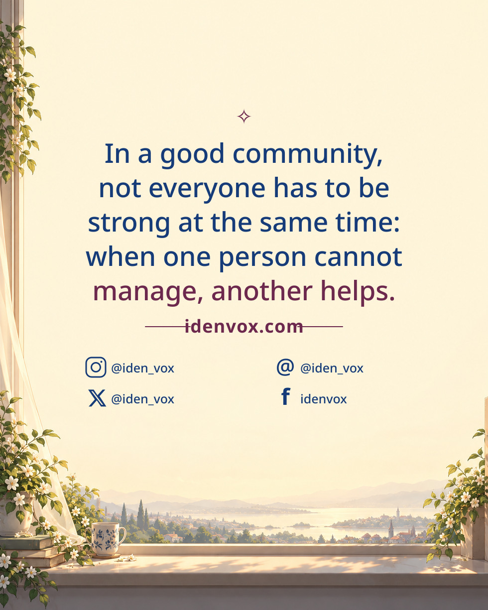 In a good community, not everyone has to be strong at the same time: when one person cannot manage, another helps.