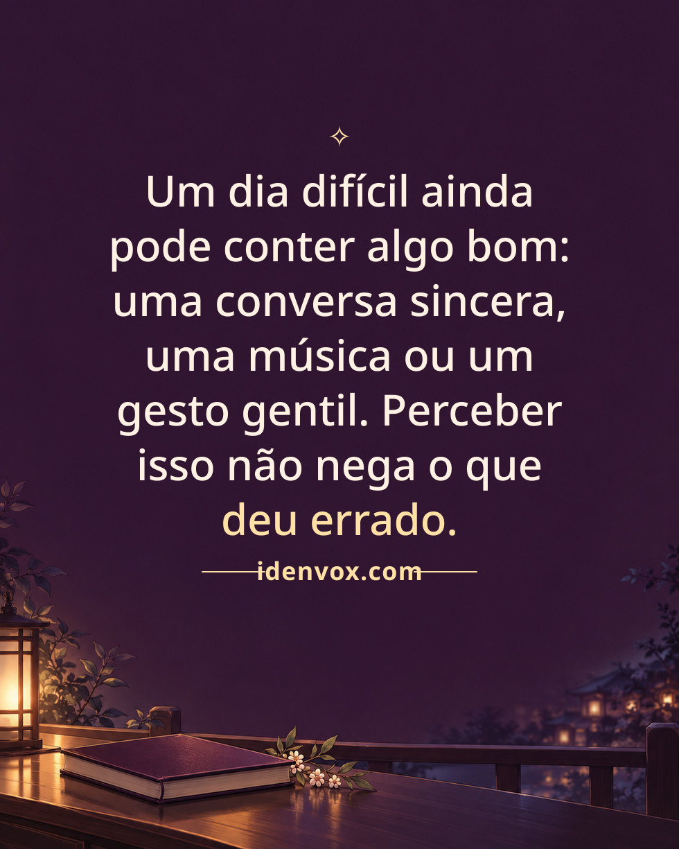 Um dia difícil ainda pode conter algo bom: uma conversa sincera, uma música ou um gesto gentil. Perceber isso não nega o que deu errado.