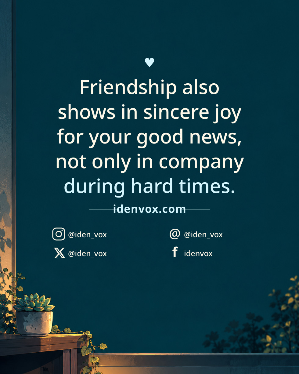Friendship also shows in sincere joy for your good news, not only in company during hard times.