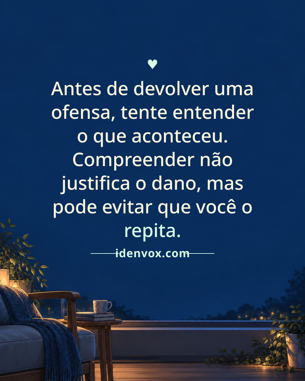 Antes de devolver uma ofensa, tente entender o que aconteceu. Compreender não justifica o dano, mas pode evitar que você o repita.