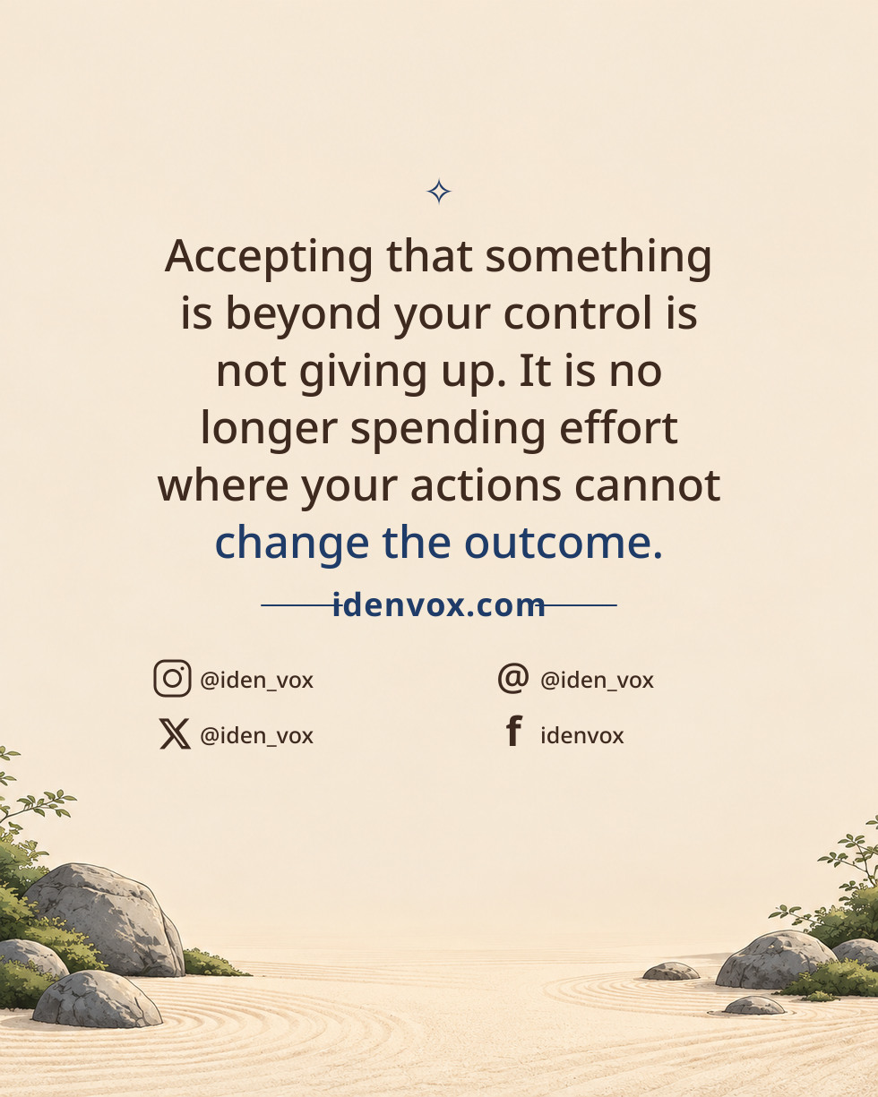Accepting that something is beyond your control is not giving up. It is no longer spending effort where your actions cannot change the outcome.