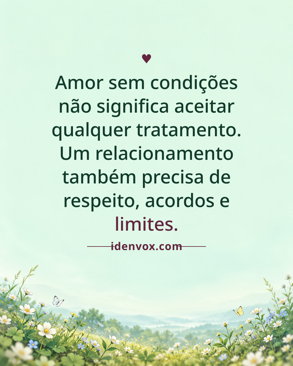Amor sem condições não significa aceitar qualquer tratamento. Um relacionamento também precisa de respeito, acordos e limites.