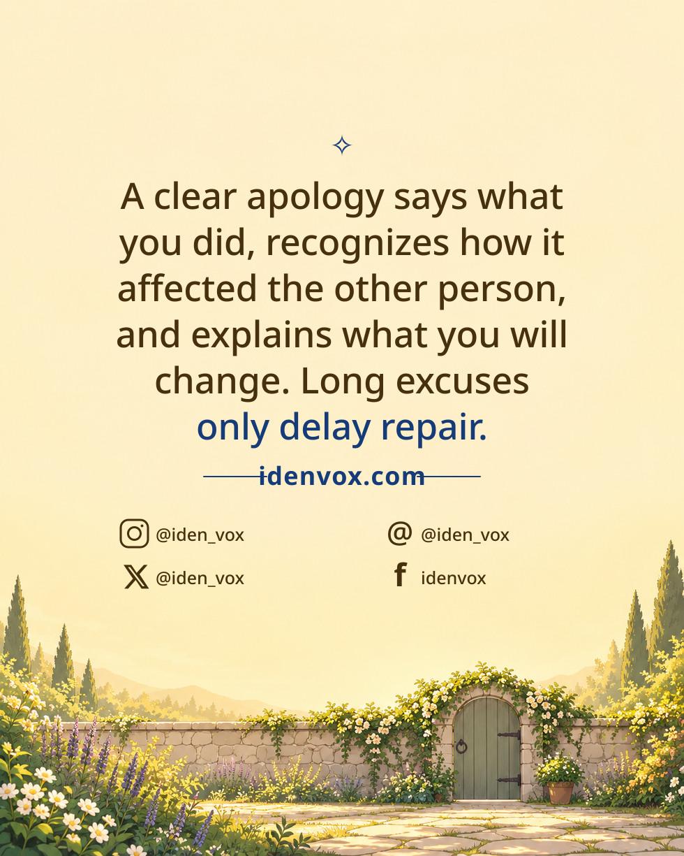 A clear apology says what you did, recognizes how it affected the other person, and explains what you will change. Long excuses only delay repair.
