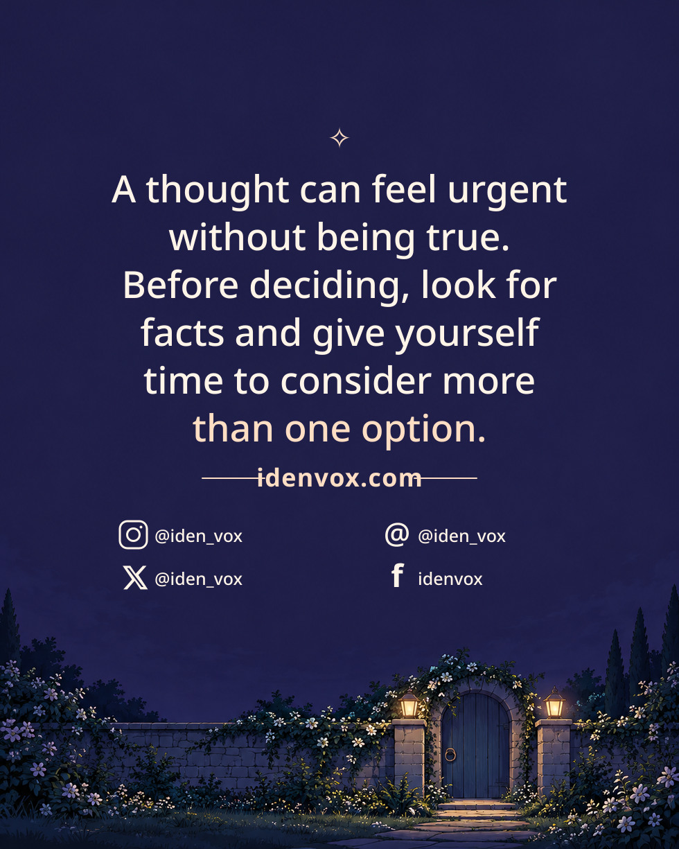 A thought can feel urgent without being true. Before deciding, look for facts and give yourself time to consider more than one option.