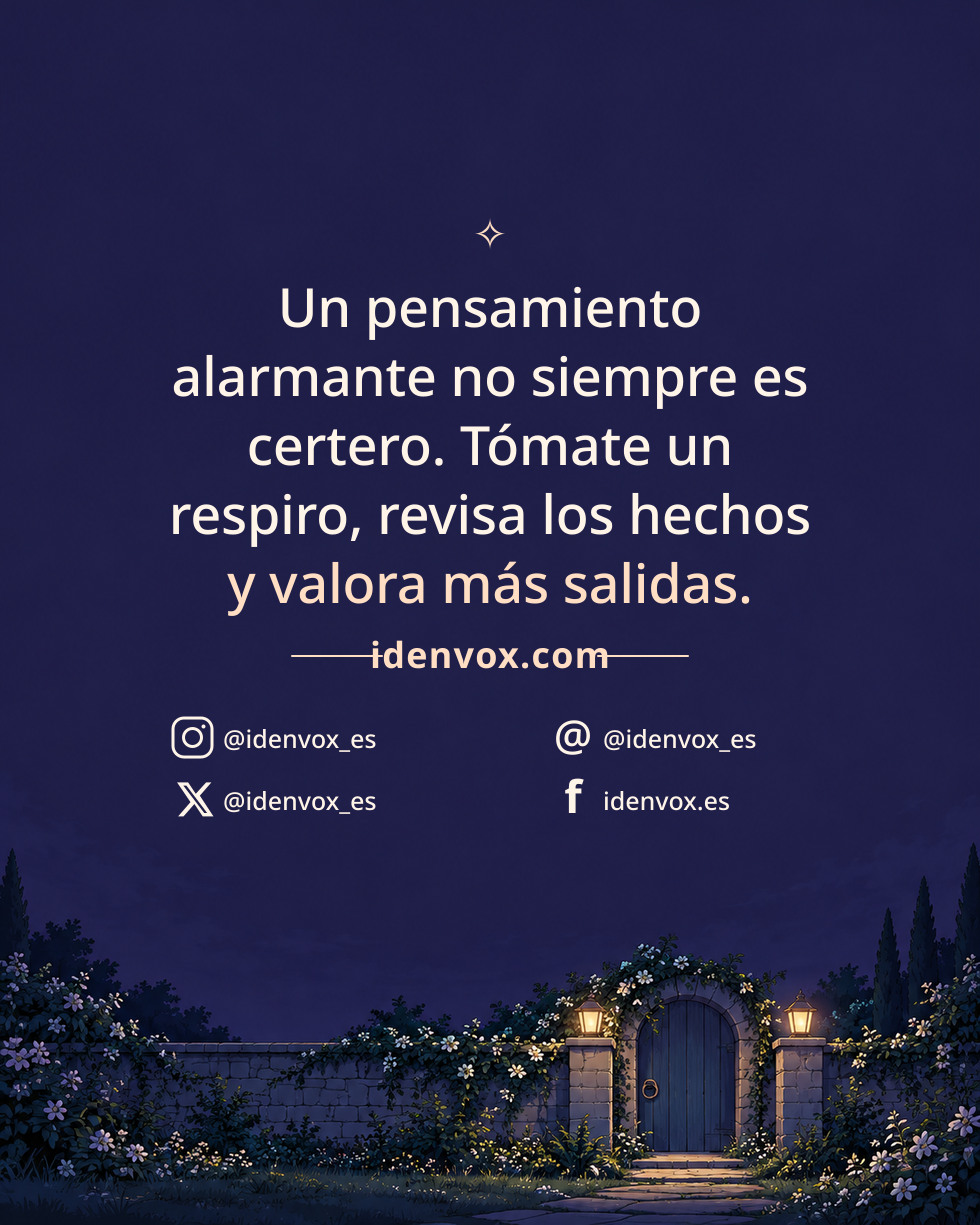 Un pensamiento alarmante no siempre es certero. Tómate un respiro, revisa los hechos y valora más salidas.