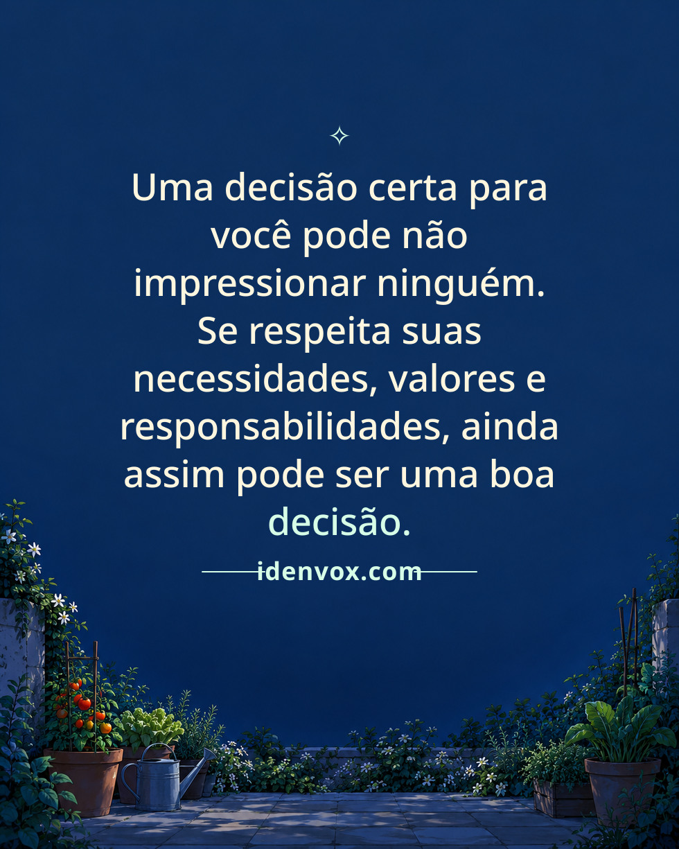 Uma decisão certa para você pode não impressionar ninguém. Se respeita suas necessidades, valores e responsabilidades, ainda assim pode ser uma boa decisão.
