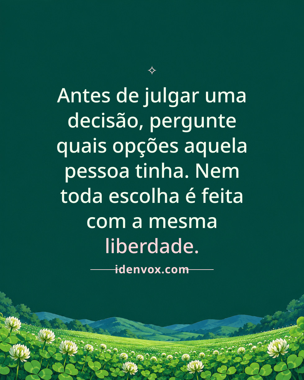 Antes de julgar uma decisão, pergunte quais opções aquela pessoa tinha. Nem toda escolha é feita com a mesma liberdade.