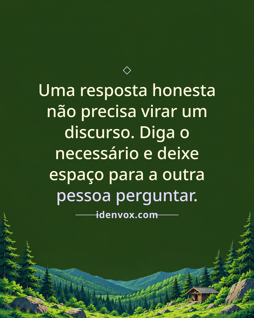 Uma resposta honesta não precisa virar um discurso. Diga o necessário e deixe espaço para a outra pessoa perguntar.